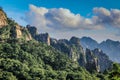 Lush green trees and sharp rocks slope from the top right down to the lower right corner in Huang Shan China